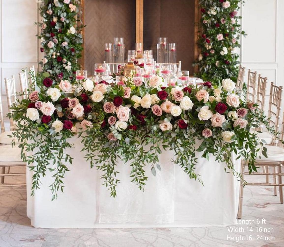 Burgundy Rose & Eucalyptus Table Flower Arrangement: Wedding Aisle