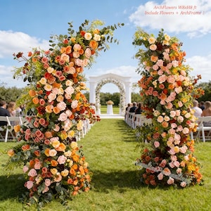 May include: A wedding archway with vibrant orange, peach, and red roses and greenery. The arch is set up on a green lawn with a white archway in the background. The text on the image says "ArchFlowers W8xH8 ft Include Flowers + ArchFrame !"