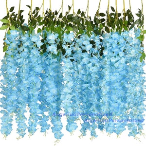 Baby Blue Wisteria Flower Vine 12Pcs Fake Wisteria Flowers Garland with Leaves,Artificial Hanging Flower Wisteria Home Decor Wedding Arch