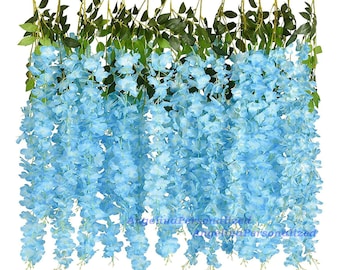 Enredadera de glicina artificial azul bebé, decoración de arco de boda, 12 piezas