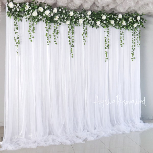 2 Layer Sheer White Tulle Backdrop Curtains with flowers garland for Baby Shower Party White Wedding Photography Engagement Bridal Shower