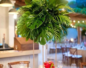 Tropical Leaf Centerpiece: Palm & Fern Wedding Arrangement