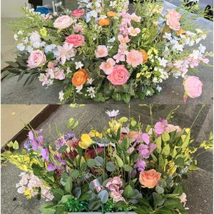 May include: Two floral arrangements with a variety of colourful flowers. The top arrangement features pink, orange, and white flowers with green foliage. The bottom arrangement has purple, yellow, and pink flowers with green leaves. The word "Back" is visible.