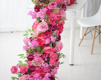 Fuchsia Rose Artificial Flower Table Flower Runner Wreath Hot Pink Flower Row Wedding Table Center Decoration Wedding Arched Flower Party