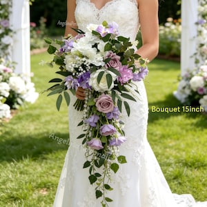 Faux Purple Bridal Bouquets, French Silk weeding Bouquet, Real Touch Purple Lilac flowers, Ivory White Roses, Baby's Breath eucalyptus