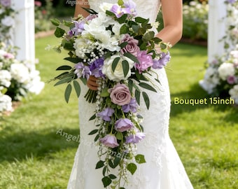 Faux Purple Bridal Bouquets, French Silk weeding Bouquet, Real Touch Purple Lilac flowers, Ivory White Roses, Baby's Breath eucalyptus
