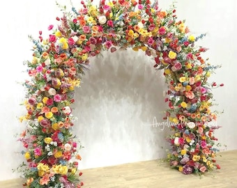 Gold Wedding Flower Arches Colorful Hyacinth Grass Green Plant Leaves Hot Pink Flower Arrangement Wedding Decor