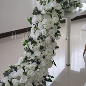 Elegant ivory Flower Runner Artificial Rose Peony Eucalyptus Wedding floral Table Flower Arch Row Wedding Party Road Lead Flower, 40x13''
