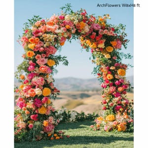 May include: A vibrant floral arch, approximately 8 feet wide and 8 feet high, adorned with a profusion of colorful blooms. The arrangement features a mix of pink, orange, and yellow flowers, creating a stunning visual display. The text "ArchFlowers W8xH8 ft" is visible.