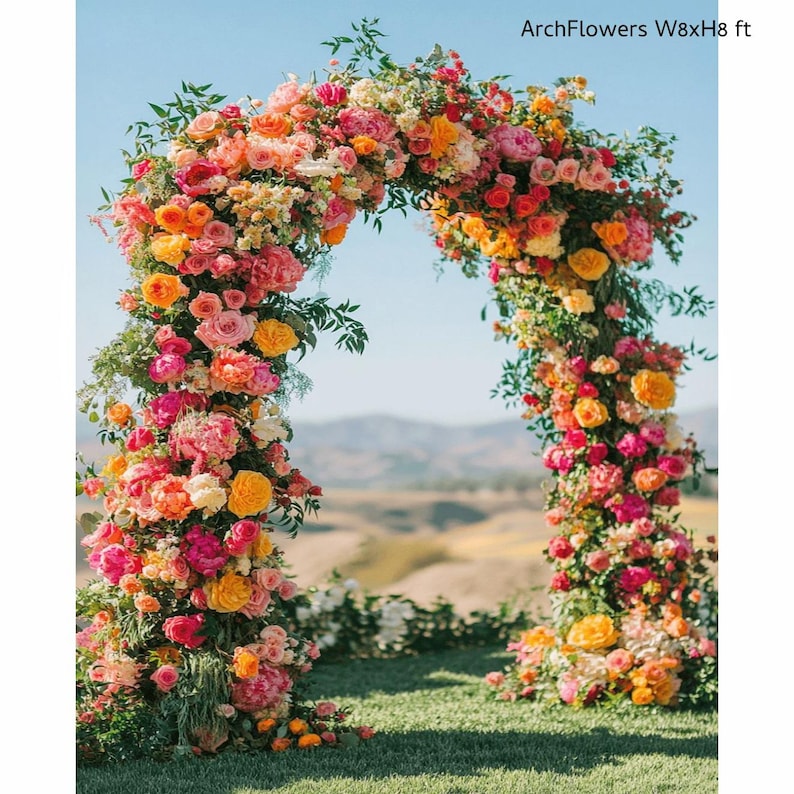 May include: A vibrant floral arch, approximately 8 feet wide and 8 feet high, adorned with a profusion of colorful blooms. The arrangement features a mix of pink, orange, and yellow flowers, creating a stunning visual display. The text "ArchFlowers W8xH8 ft" is visible.