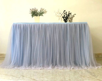 Elegant Silver Gray Tulle Tutu Table Skirt Long Sheer Grey tulle Table Skrits Table Cloth ,Baby Shower Wedding Decor, Table Fluffy Skirting