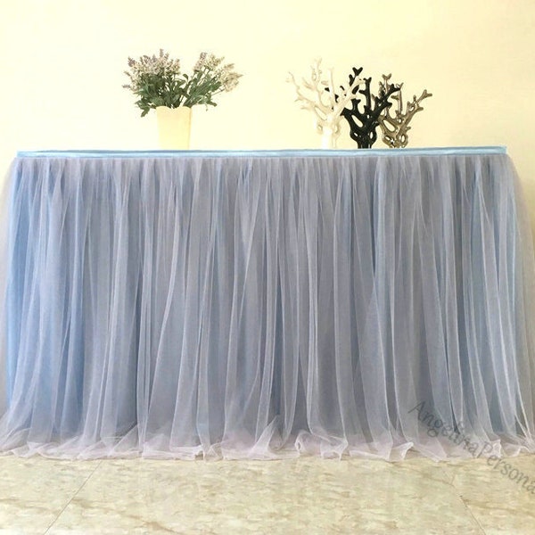 Elegant Silver Gray Tulle Tutu Table Skirt Long Sheer Grey tulle Table Skrits Table Cloth ,Baby Shower Wedding Decor, Table Fluffy Skirting