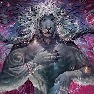 May include: A digital painting depicting a lion-like creature with a long, flowing mane of white and blue hair. The creature is surrounded by a swirling nebula of pink and purple, with stars and planets scattered throughout. The creature has a muscular build and is wearing a necklace and bracelets. The creature is looking directly at the viewer with a serious expression.