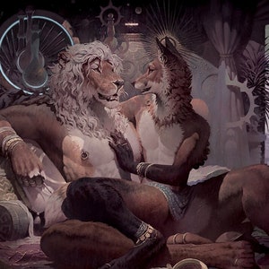 May include: A lion and a fox lie together on a bed of cushions and throws. The lion has white fur and the fox has brown fur. They are both looking at each other with affection. The room is decorated with ornate furniture and objects, and the window shows a view of a city in the distance.