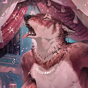 May include: Digital artwork of a wolf-like humanoid figure, mouth open, tongue extended. The creature has a necklace and a pink and white fur pattern. The background features pink curtains and decorative elements.