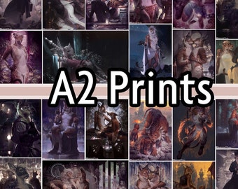 Puede incluir: Un collage de 18 impresiones de arte digital con varias criaturas fantásticas, incluyendo un lobo, un dragón y un gato. Las impresiones son todas en un estilo oscuro y melancólico, perfectas para agregar un toque de fantasía a cualquier habitación.