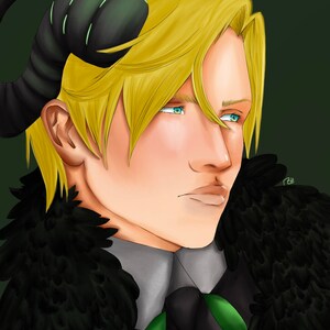 Puede incluir: Retrato de arte digital de una persona con cabello rubio, ojos azules y cuernos negros con acentos verdes. La persona lleva un atuendo negro y verde con un cuello de plumas. El fondo es verde oscuro.