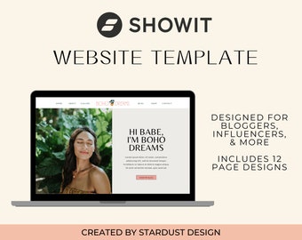 May include: A laptop computer screen displaying a website template for bloggers and influencers. The website is designed in a boho style with a light background and a photo of a woman with her eyes closed. The text on the screen reads "Hi Babe, I'm Boho Dreams".