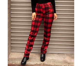 Tartan Checked Punk Rockability Skinny Plaid Trousers - Red & Black