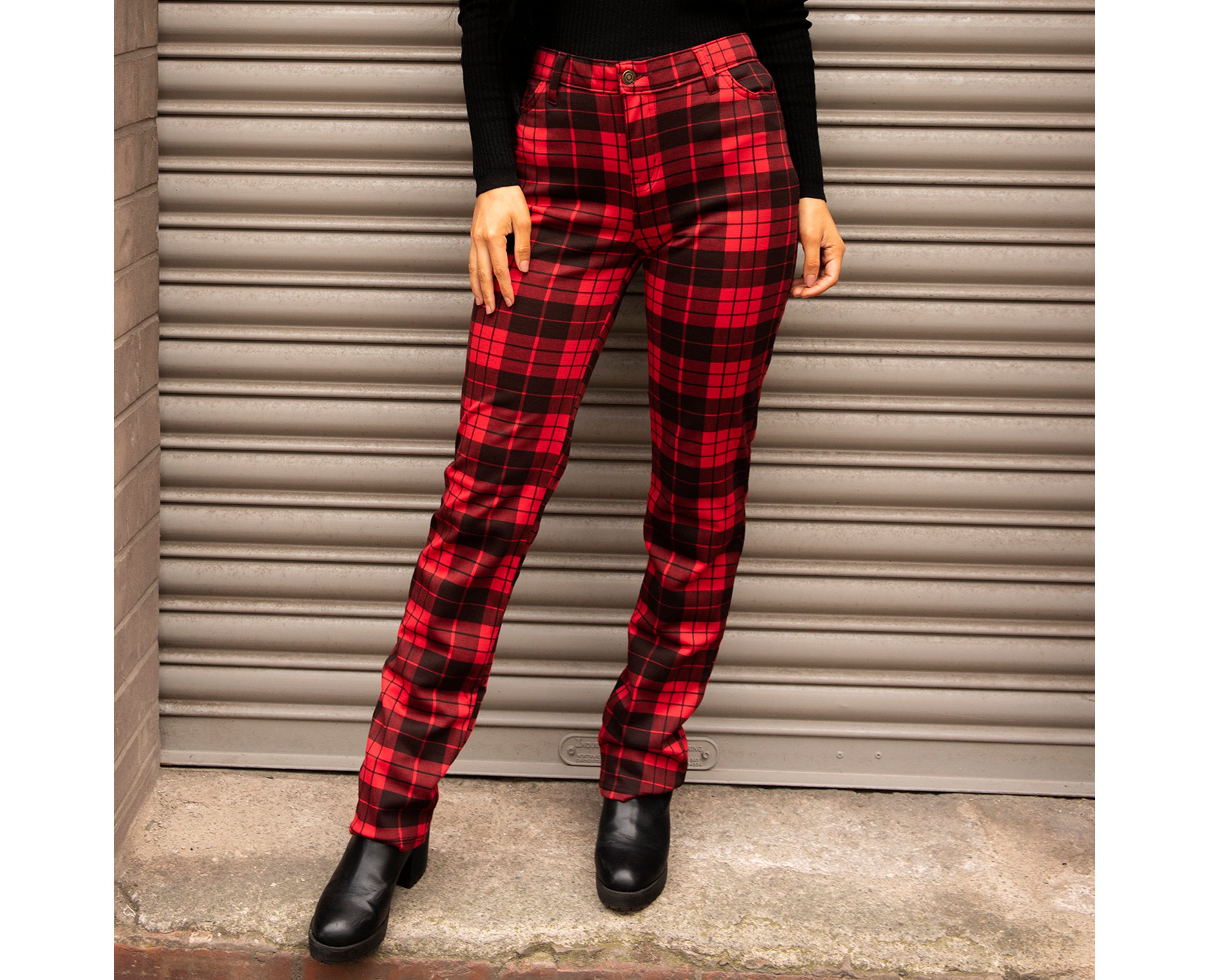 Buy Tartan Checked Punk Rockability Skinny Plaid Trousers Red