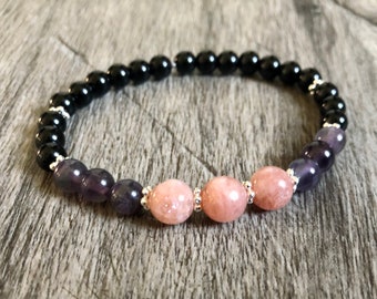 Sunstone, Amethyst & black stone beaded bracelet