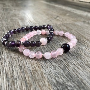 Amethyst & Rose Quartz gemstone beaded bracelet set