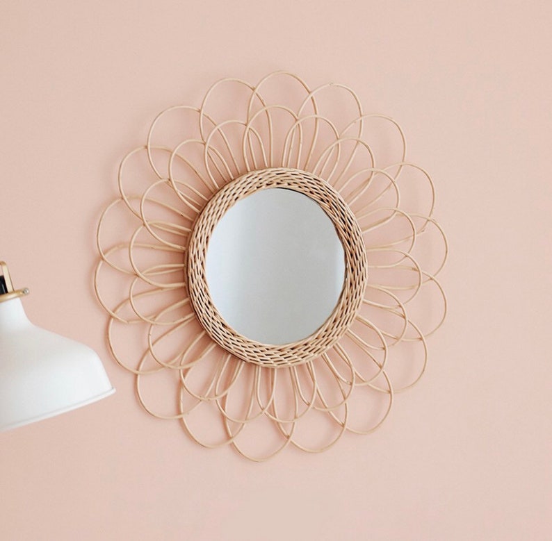 Vintage Handwoven Round Rattan Wall Mirror Rattan Hanging Etsy