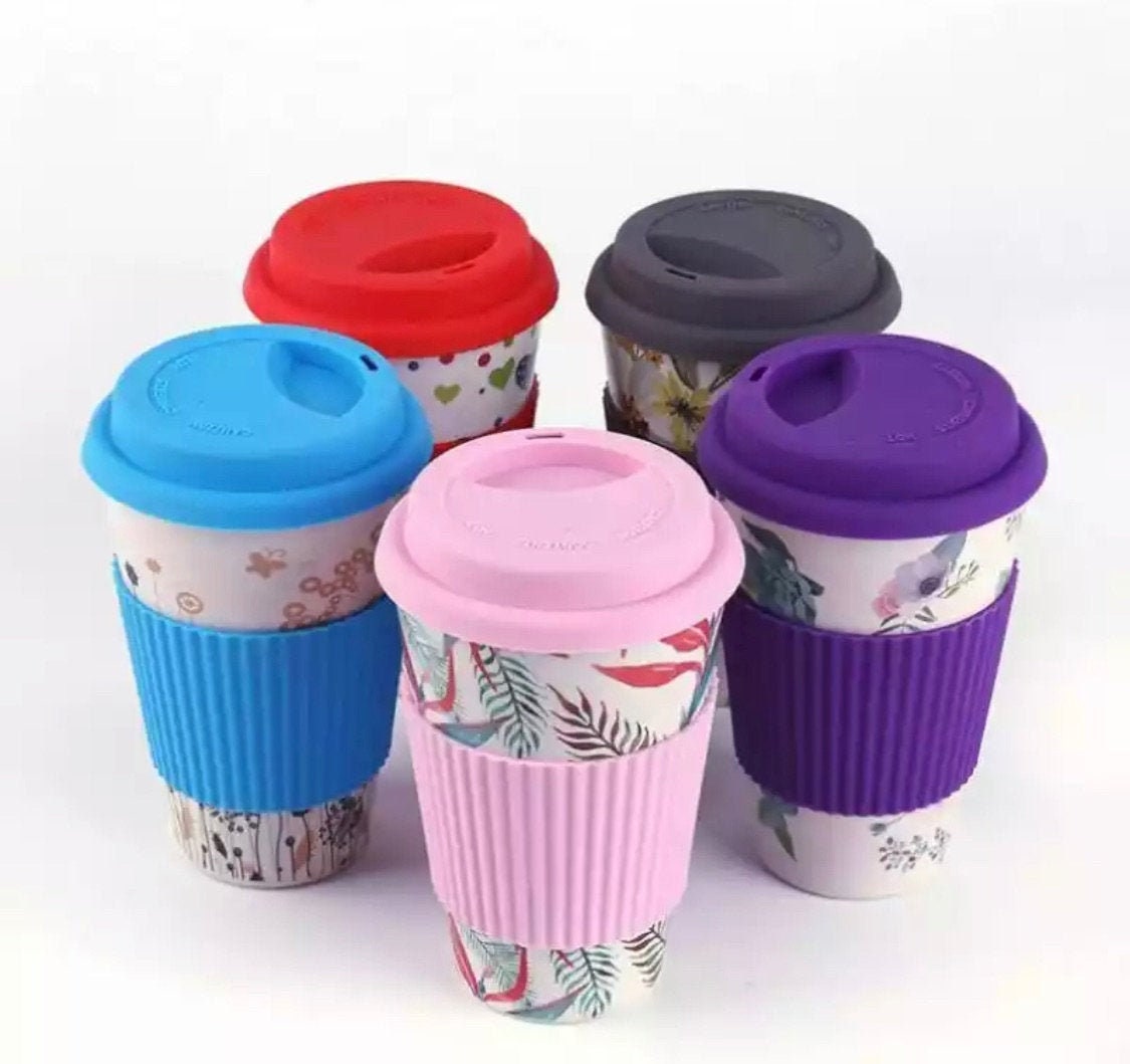 Reusable Coffee Cup with Lid Travel Mug Eco-Friendly Bamboo Fibre Silicon Natural 16oz Pink
