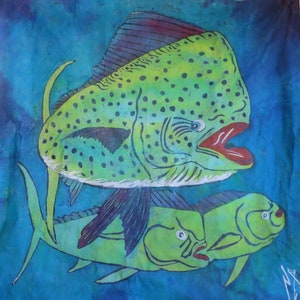 Puede incluir: Una pintura colorida de dos peces dorados. El pez superior es verde con manchas negras y boca roja, sobre un fondo azul. El pez inferior también es verde, con un diseño similar. La obra de arte tiene una apariencia texturizada.