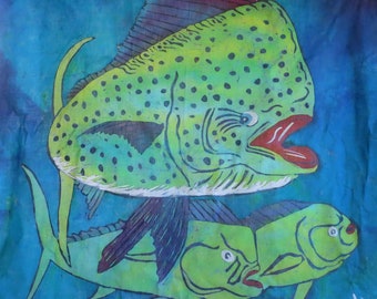 Cinco peces grandes del Caribe por Rivas Batik Studio, arte nativo, diseño indígena, arte mural brillante, decoración de dormitorio para adolescentes.
