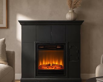 May include: A matte black electric fireplace featuring a rectangular mantel and a central glass-fronted firebox. The interior displays glowing orange artificial flames and two dark brown logs. A small arched cabinet door is integrated on the right side.
