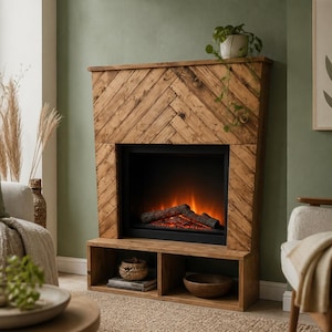 Chevron style fireplace with Base: Solid Pine, Puritan Pine Stain