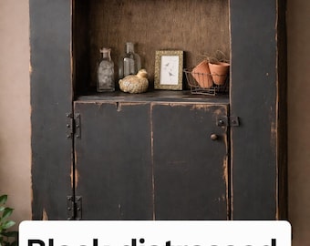 Solid Pine Hanging Cabinet: Hand-Distressed Black Finish, Storage Door, Display Cubby