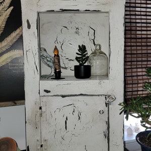 May include: A white distressed wooden cabinet with a glass door and a shelf inside. The shelf has a small potted succulent plant, a glass cloche, and a candle. The cabinet has a rustic farmhouse style.