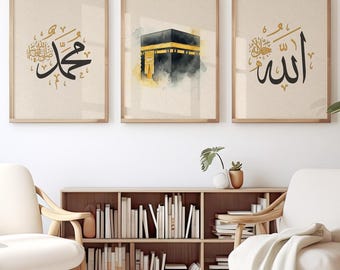 Kaaba Islamic Wall Art – Allah Muhammad Calligraphy Set for Living Room
