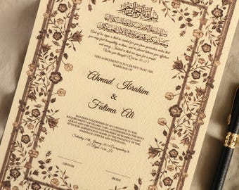 Personalised Floral Nikkah Certificate | Islamic Marriage Contract | Arabic Calligraphy Muslim Wedding