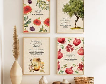 Islamic Kitchen Art Prints: Quran Verses, Figs, Olives – Set of 4 – Unframed