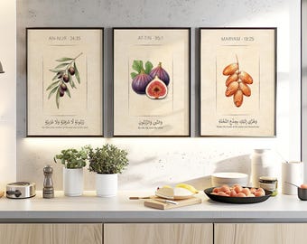 Islamic Kitchen Wall Art Set – Olive, Fig & Date Palm Quran Botanical Prints (Set of 3)
