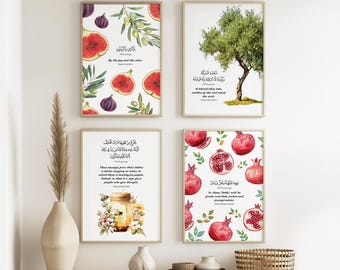 Islamic Kitchen Art Prints: Quran Verses, Figs, Olives – Set of 4 – Unframed