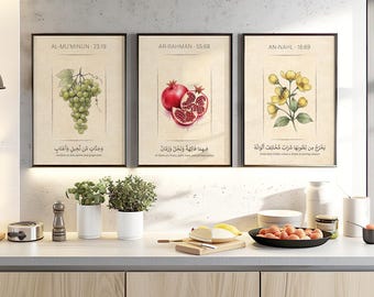 Islamic Kitchen Wall Art Set – Grapes, Pomegranate & Honey Quran Botanical Prints