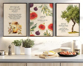Islamic Kitchen Art Prints – Qur'anic Botanical Decor, Fig, Olive, Honey (Set of  3 Unframed)