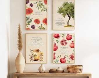 Islamic Kitchen Art Prints: Quran Verses, Figs, Olives – Set of 4 – Unframed