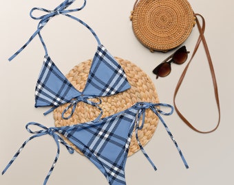 Blue check All-over print recycled string bikini