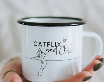 Mug en émail 'Catflix and Chill' - cadeau amusant pour les amoureux des chats, impression de haute qualité, robuste, élégant et durable