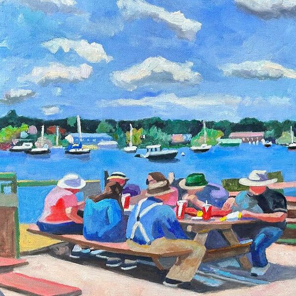 Maine Original Oil-Lobster Feast at Young's-Belfast, ME. 11x14 Oil on Canvas. Framed or Unframed. Giclée Prints Available.
