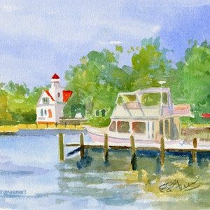 Edenton originele aquarel: waterkant en vuurtoren. Gematteerd: 11 x 14 (afbeelding 8 x 10). Gicléeprints en notitiekaarten beschikbaar.