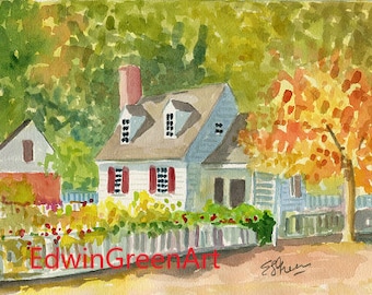 Williamsburg Watercolor-Taliaferro/Cole Kitchen Fall. Matted 11x14 (8x10 image). Giclée Prints and Note Cards with Envelopes Available.