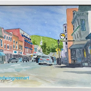 Maine originele aquarel-binnenstad Camden. Gematteerd 16x12 op Arches 140 CP-papier. Giclée prints en notitiekaarten beschikbaar.