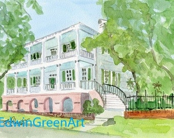 Beaufort, SC Watercolor-Maxcy-Rhett House. 8x10 on Canson 140 CP Paper (11x14 matted). Giclée Prints and Note Cards Available.