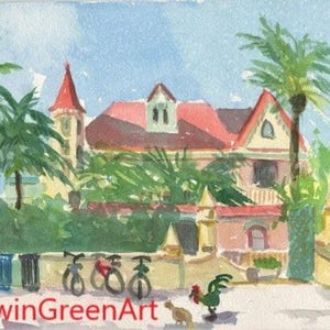 Key West Watercolor-Casa Cayo Hueso. Con passepartout 11x14 (immagine 8x10) su carta Arches 140 CP.